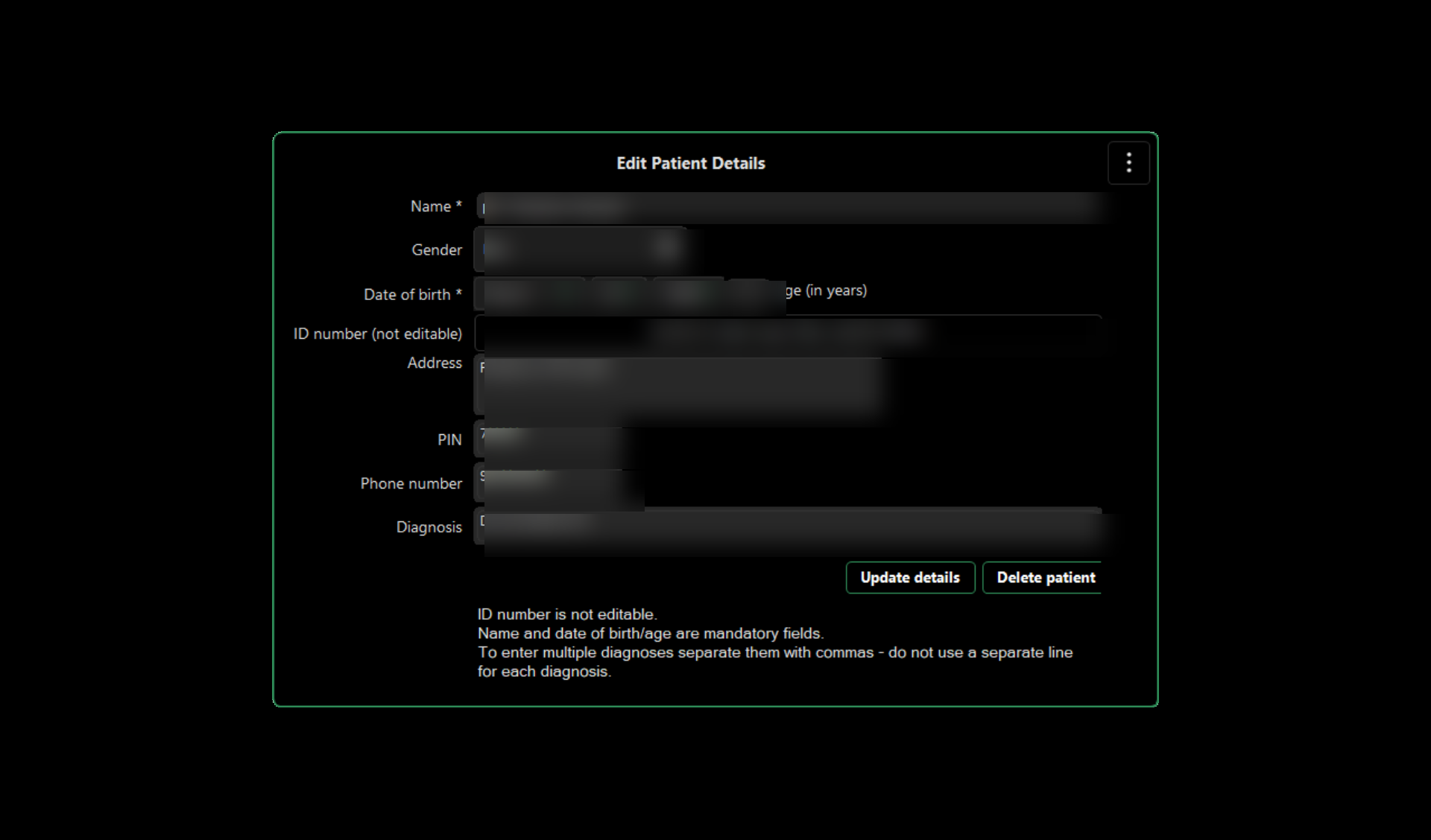 OSDx Edit Patient Details page with patient information obscured
